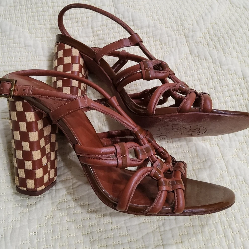 Tory Burch Layce Strappy Brown Leather Woven Block Heel Sandals Size 9,5